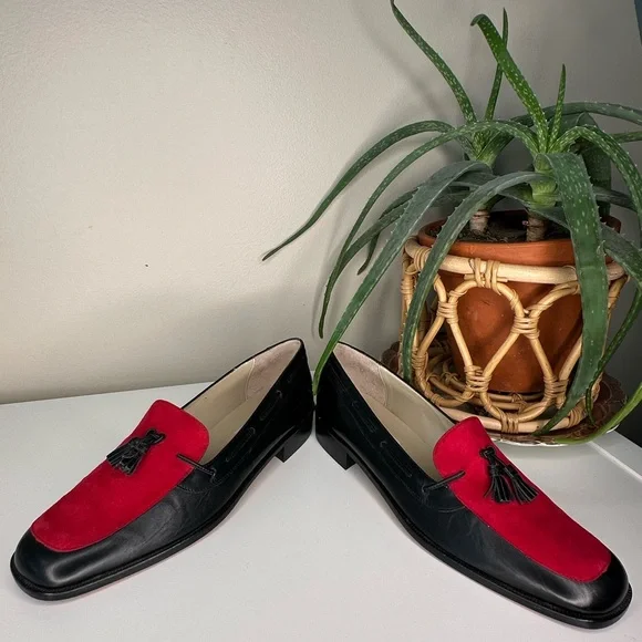 Vintage 80s/90s Talbots Made in Italy Loafers Black Leather Red Suede Tassel 6M - Picture 7 of 11